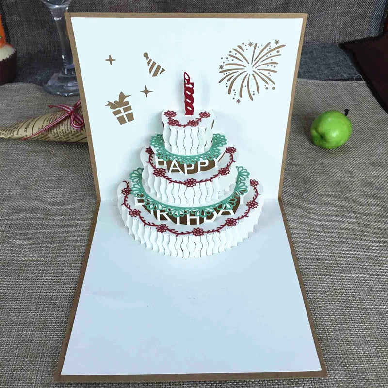 1pcs Vintage Handmade Happy Birthday 3D Pop Up Greeting Cards Gift Cake Card With Envelope Postcard Invitation Anniversary Decor