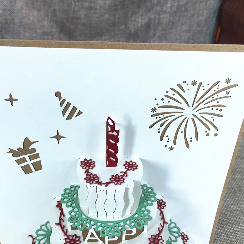1pcs Vintage Handmade Happy Birthday 3D Pop Up Greeting Cards Gift Cake Card With Envelope Postcard Invitation Anniversary Decor