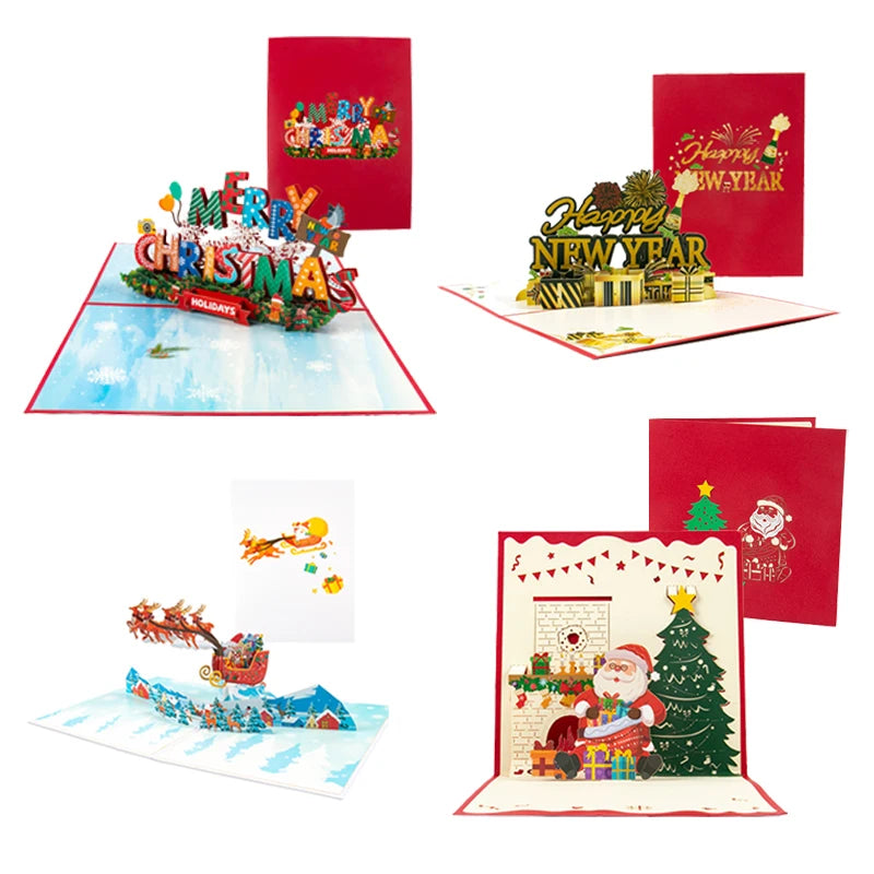 Folding Christmas Greeting Card With Envelope Santa Claus Snowman Xmas 3D Pop UP Invitation Card Postcard Navidad New Year Decor