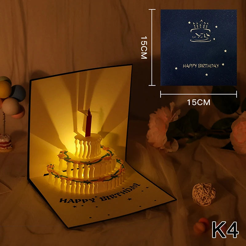 3D Light Music Birthday Card Pop Up Cake Creative Greeting Card Happy Birthday Party Gift For Family Friends