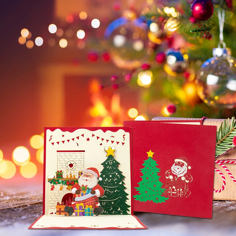 Folding Christmas Greeting Card With Envelope Santa Claus Snowman Xmas 3D Pop UP Invitation Card Postcard Navidad New Year Decor