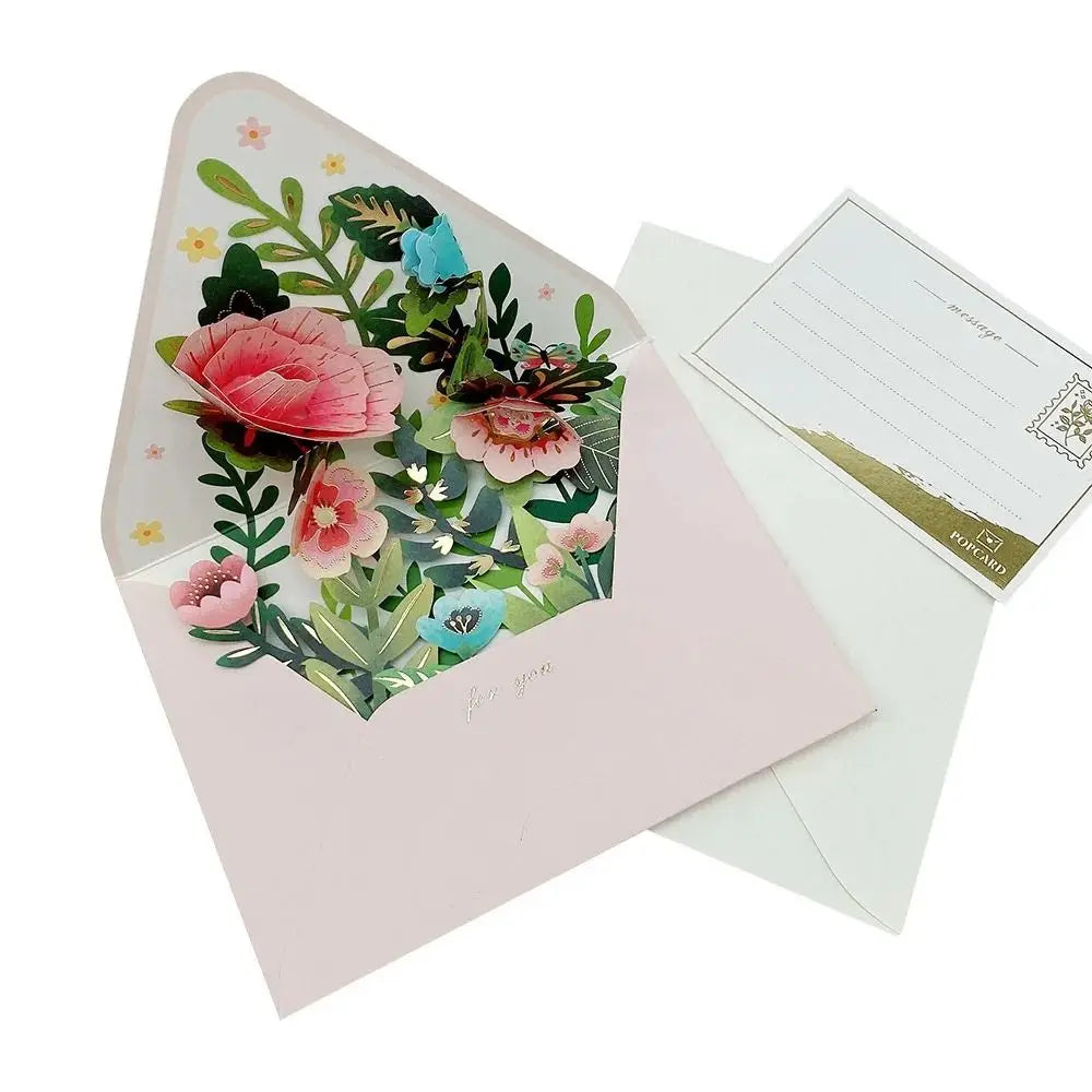 Romantic Flower Birthday Christmas Card with Envelope Paper Flowers Postcard Valentines Gifts 3D Pop-up Greeting Cards