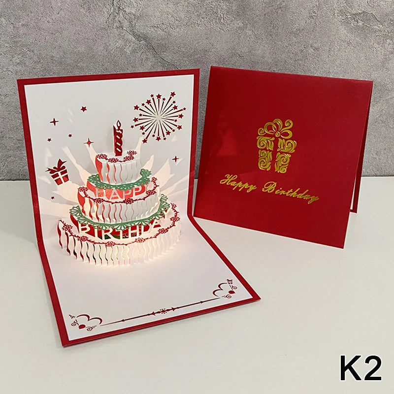 3D Light Music Birthday Card Pop Up Cake Creative Greeting Card Happy Birthday Party Gift For Family Friends