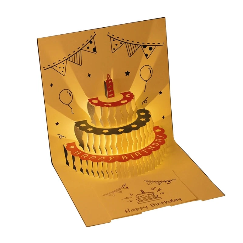 3D Musical Birthday Cake Card LED Light Pop-Up Greeting Cards with Envelope for All Occasion Girl Kid Wife Postcards Drop Ship