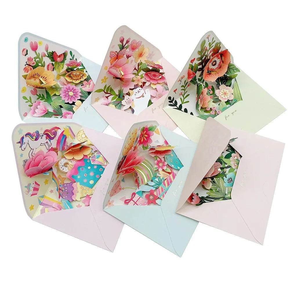 Romantic Flower Birthday Christmas Card with Envelope Paper Flowers Postcard Valentines Gifts 3D Pop-up Greeting Cards