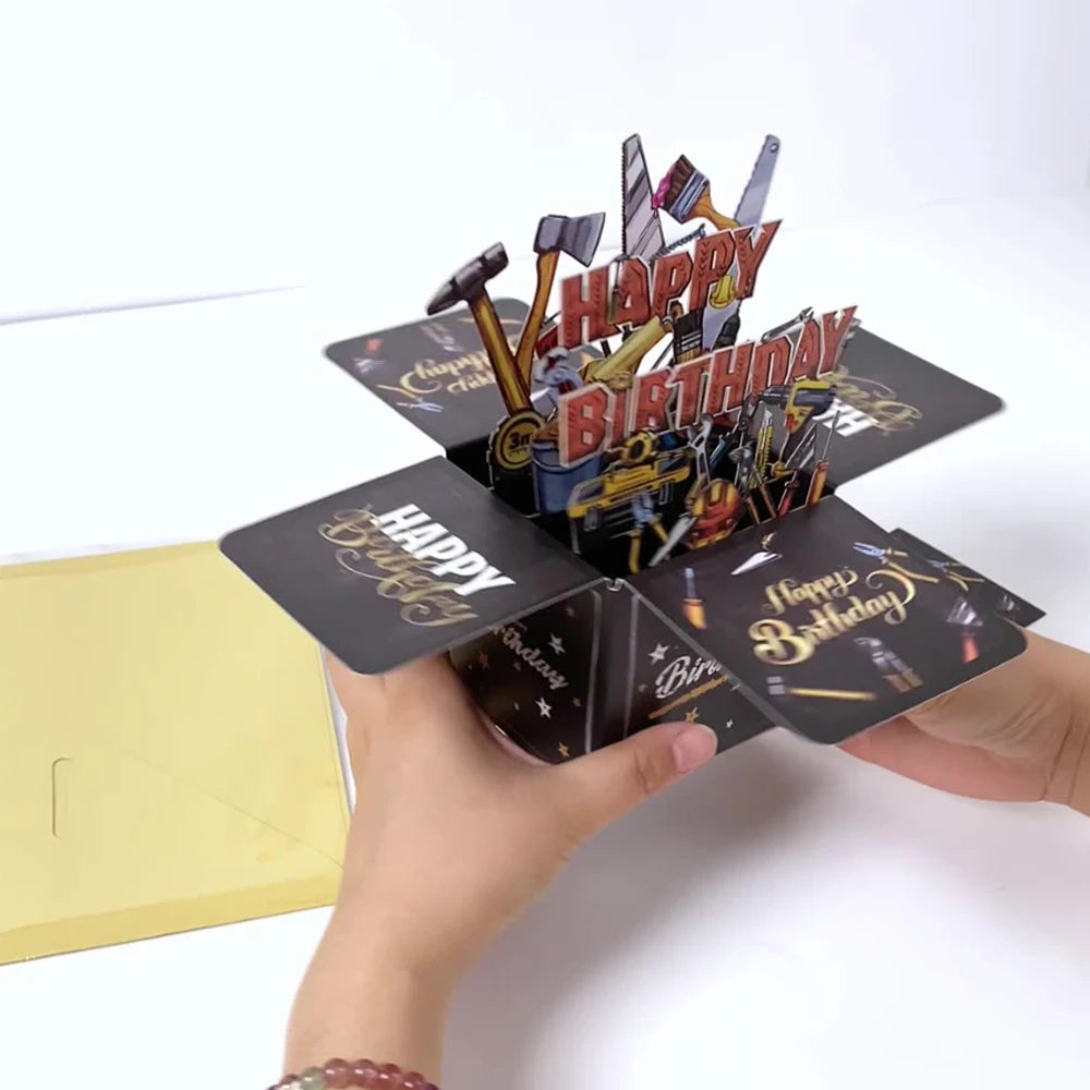 Black Golden 3D Pop-Up Birthday Gift Box Card - with Envelope