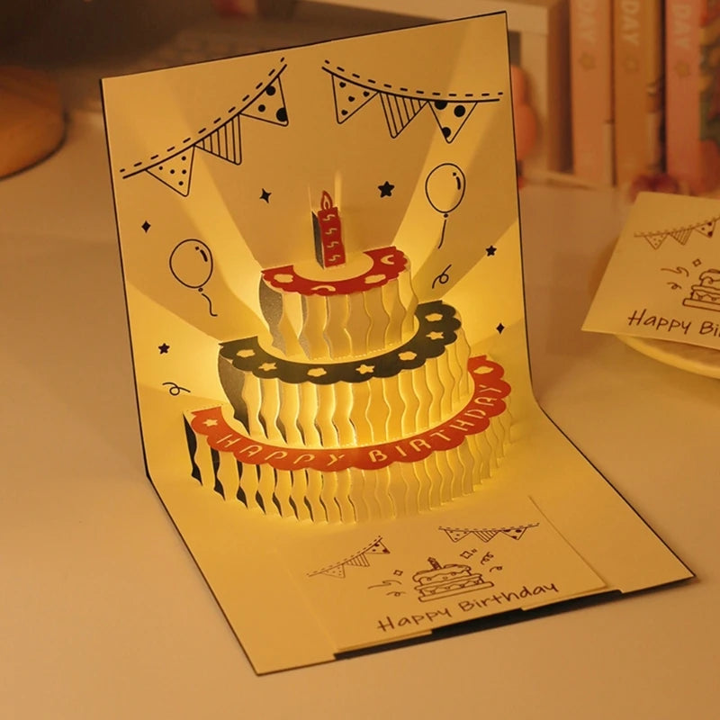 3D Musical Birthday Cake Card LED Light Pop-Up Greeting Cards with Envelope for All Occasion Girl Kid Wife Postcards Drop Ship