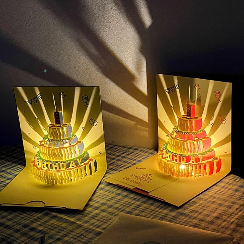 3D Musical Birthday Cake Card LED Light Pop-Up Greeting Cards with Envelope for All Occasion Girl Kid Wife Postcards Drop Ship