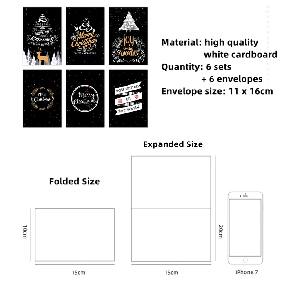 6 Pack Merry Christmas Cards with Envelopes 10x15cm Minimalistic Cards Set with Assorted Designs Featuring Traditional Images