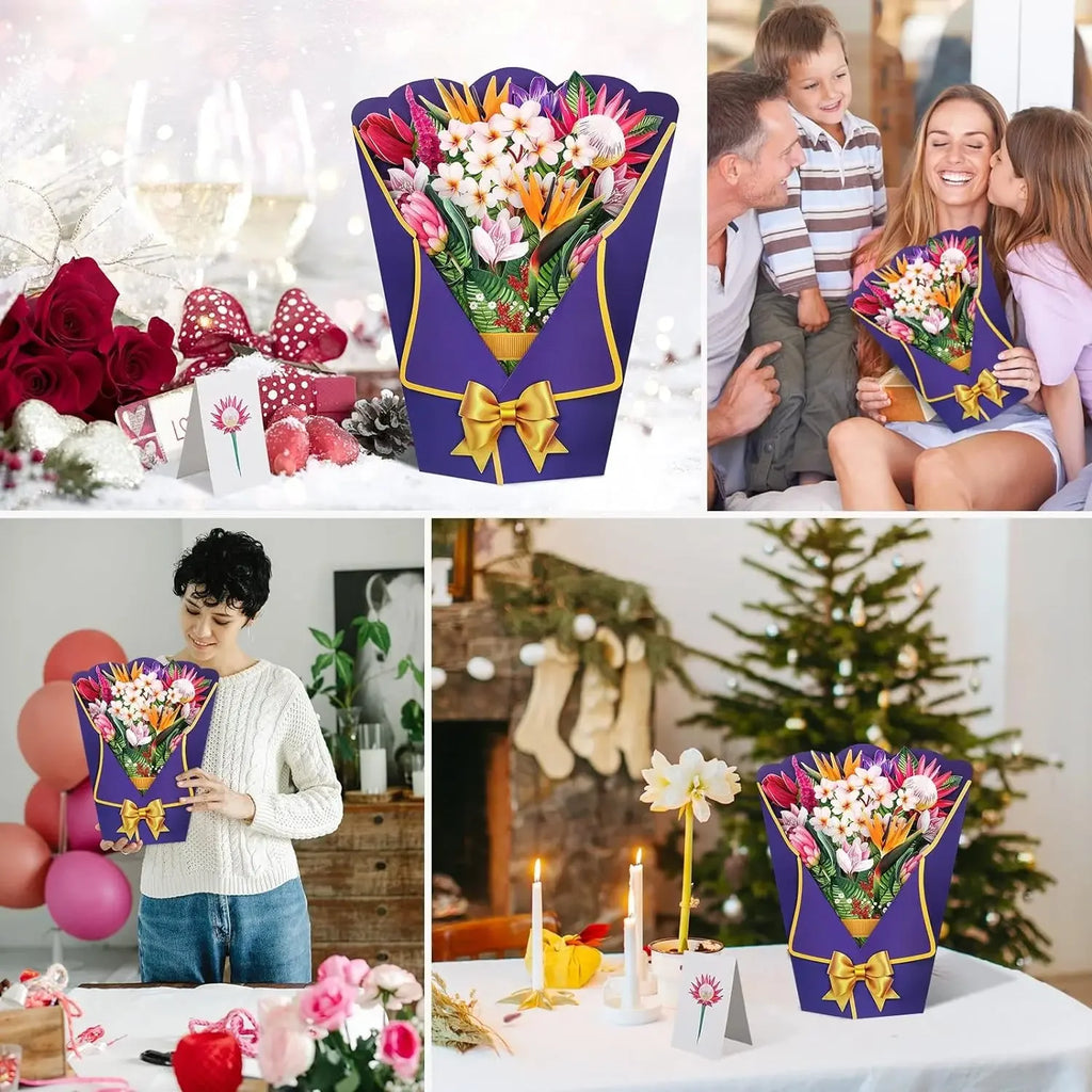 1/3/5/10PCS Paper Flower Bouquet Card 3D Pops-up Bouquet Forever Paper Hand Bouquet Valentine's Day Gift Mother's Day Cards