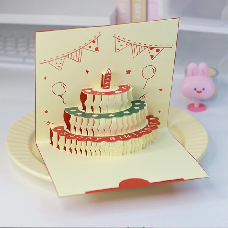 3D Musical Birthday Cake Card LED Light Pop-Up Greeting Cards with Envelope for All Occasion Girl Kid Wife Postcards Drop Ship