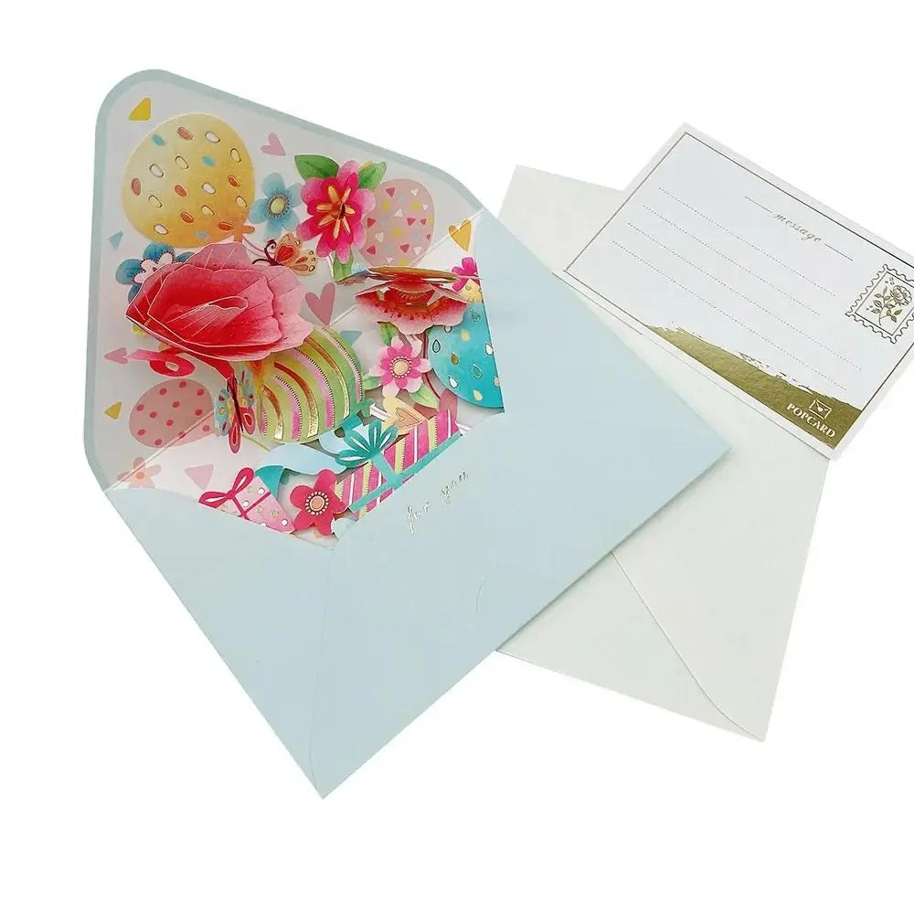 Romantic Flower Birthday Christmas Card with Envelope Paper Flowers Postcard Valentines Gifts 3D Pop-up Greeting Cards