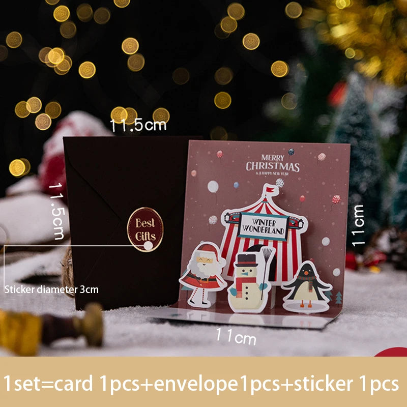 Folding Christmas Greeting Card With Envelope Santa Claus Snowman Xmas 3D Pop UP Invitation Card Postcard Navidad New Year Decor
