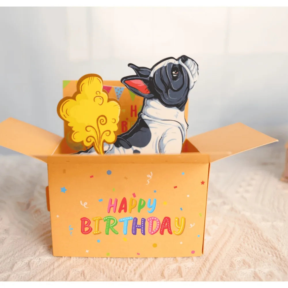 3D Pop Up Birthday Card with French Bulldog Funny Happy Birthday Surprise Gift with Envelope Notecard for Women Men Girls Boys