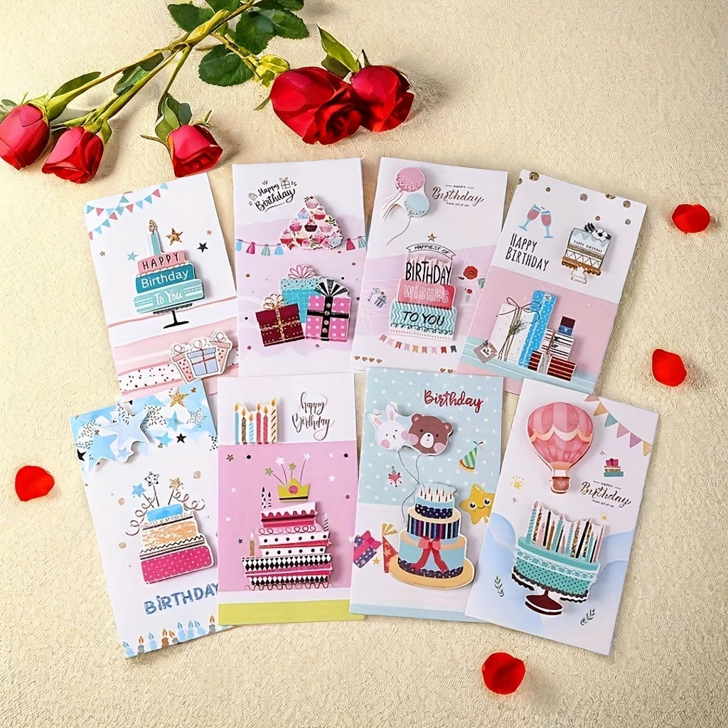 8pcs/set, Birthday 3D Greeting Cards With Envelopes, Greeting Cards, Christmas Greeting Cards,  Blessings Greeting Cards