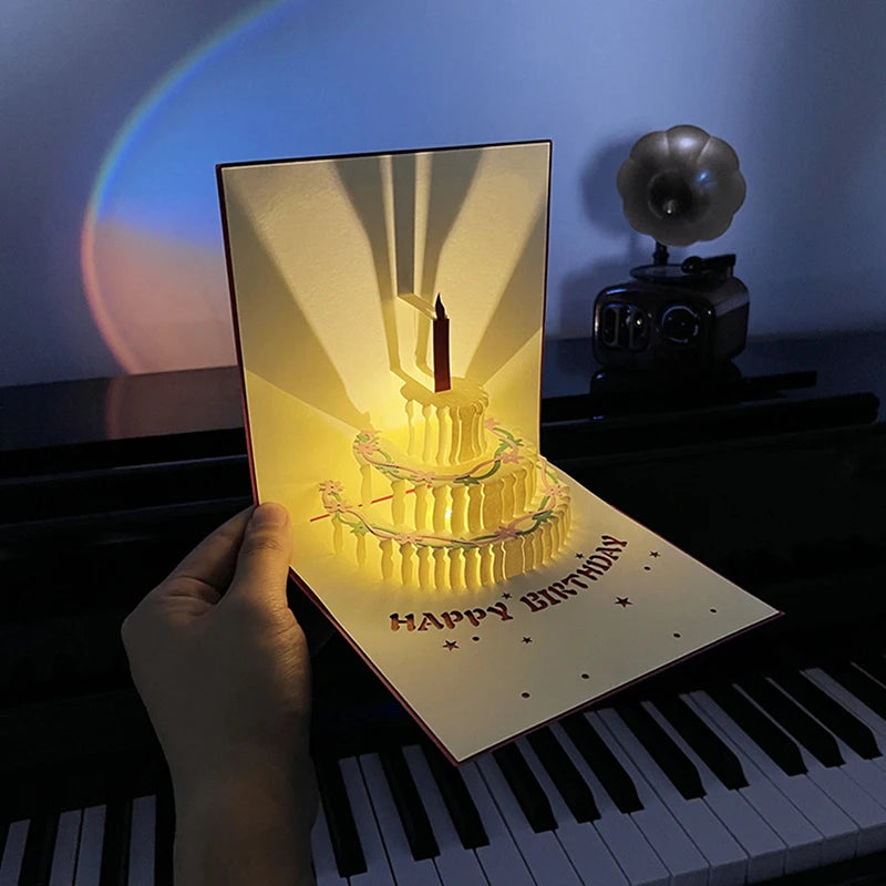 3D Light Music Birthday Card Pop Up Cake Creative Greeting Card Happy Birthday Party Gift For Family Friends