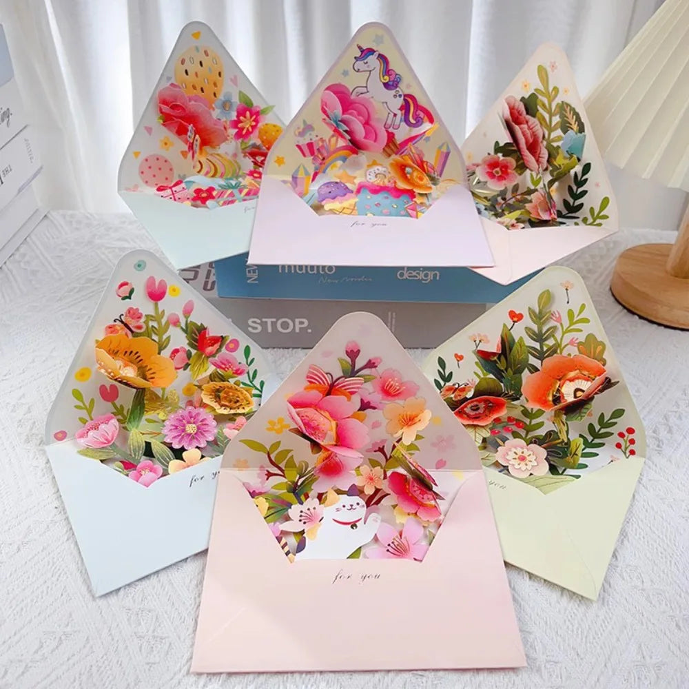 Romantic Flower Birthday Christmas Card with Envelope Paper Flowers Postcard Valentines Gifts 3D Pop-up Greeting Cards