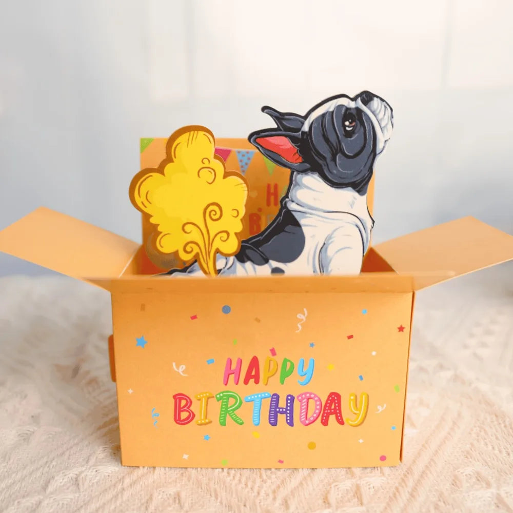 3D Pop Up Birthday Card with French Bulldog Funny Happy Birthday Surprise Gift with Envelope Notecard for Women Men Girls Boys