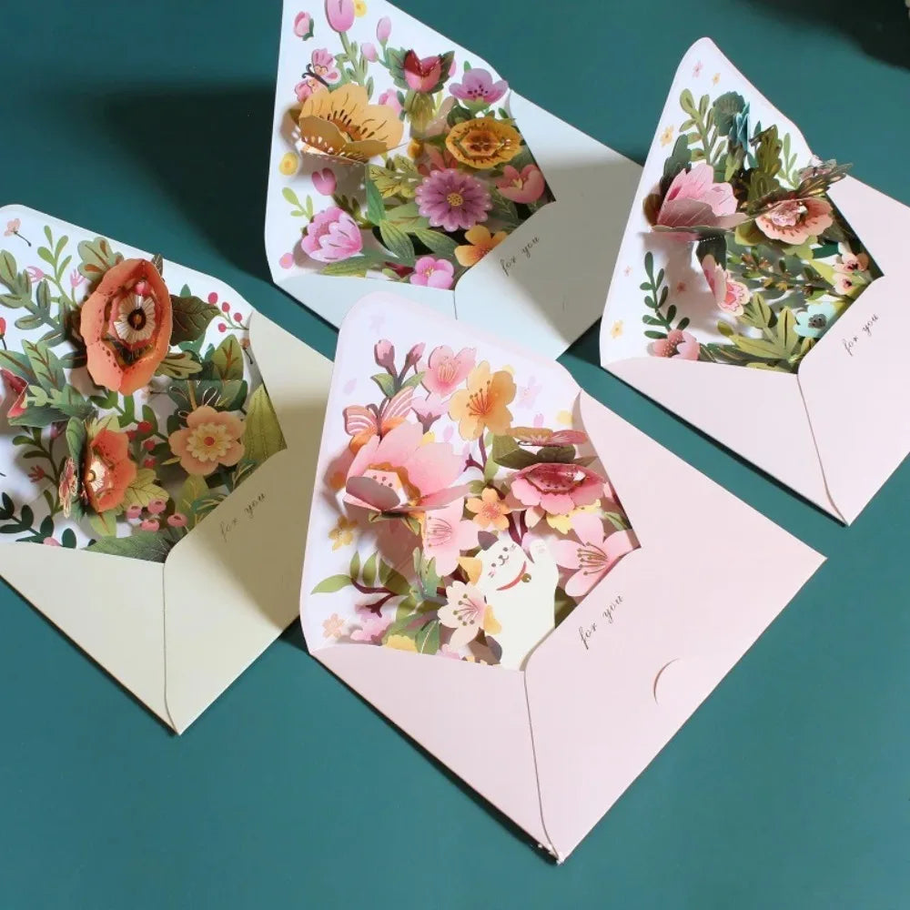 Romantic Flower Birthday Christmas Card with Envelope Paper Flowers Postcard Valentines Gifts 3D Pop-up Greeting Cards