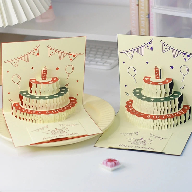 3D Musical Birthday Cake Card LED Light Pop-Up Greeting Cards with Envelope for All Occasion Girl Kid Wife Postcards Drop Ship