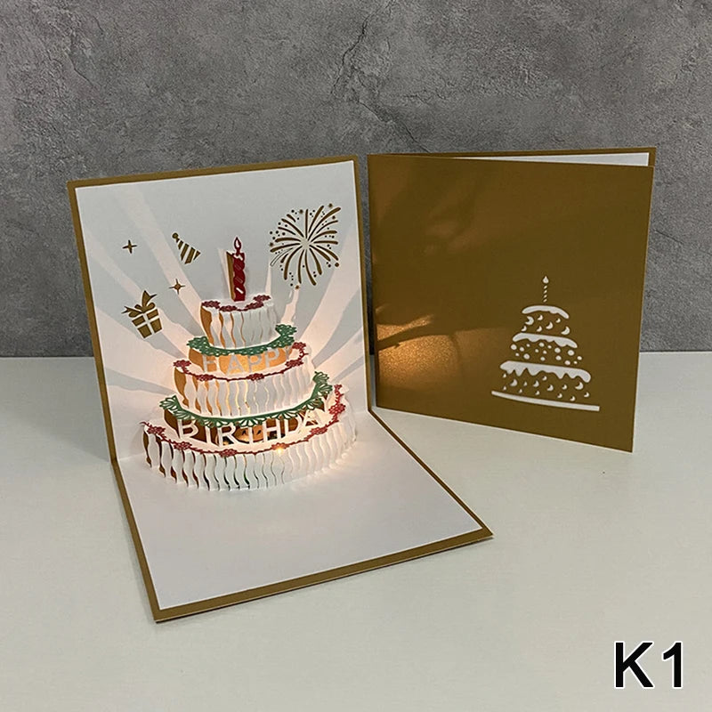 3D Light Music Birthday Card Pop Up Cake Creative Greeting Card Happy Birthday Party Gift For Family Friends
