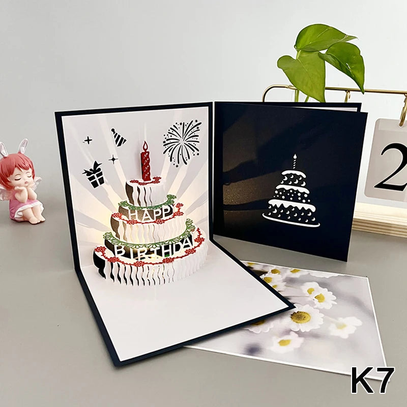 3D Light Music Birthday Card Pop Up Cake Creative Greeting Card Happy Birthday Party Gift For Family Friends