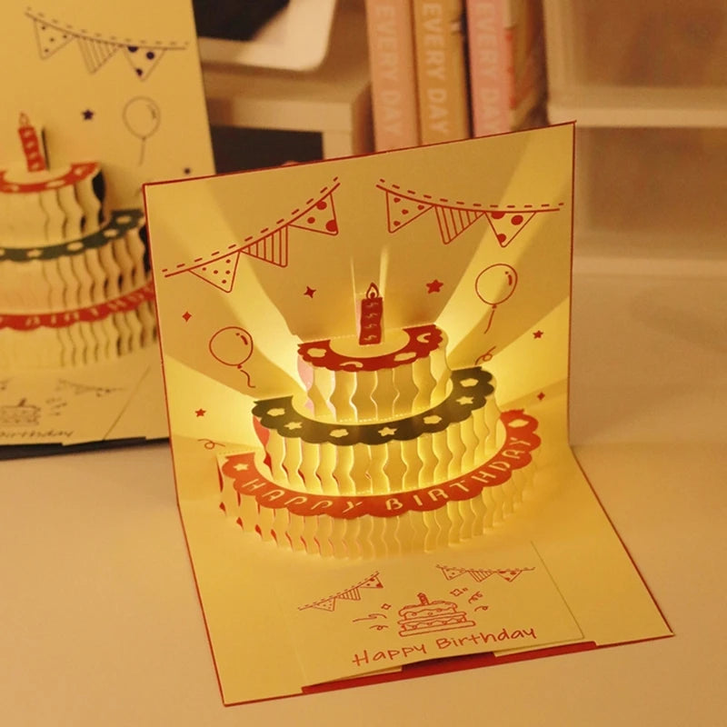 3D Musical Birthday Cake Card LED Light Pop-Up Greeting Cards with Envelope for All Occasion Girl Kid Wife Postcards Drop Ship
