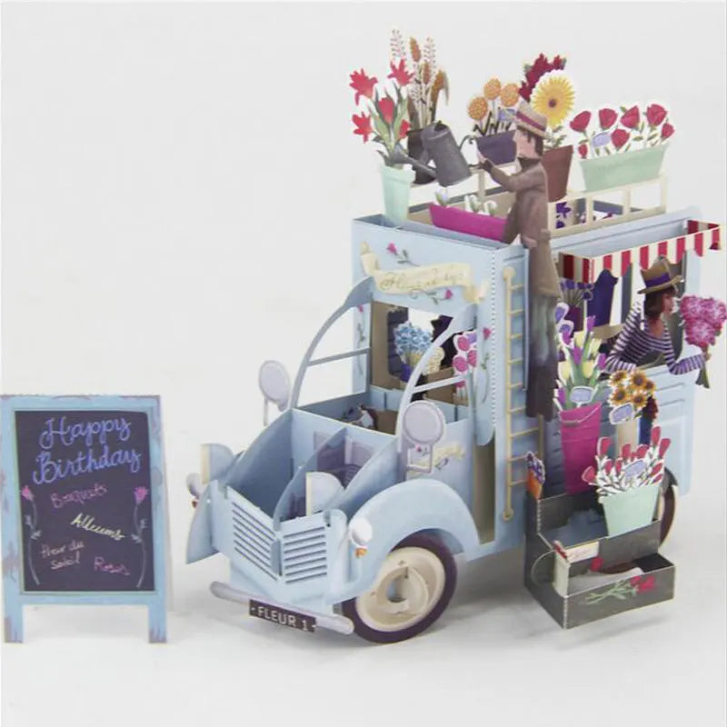 Christmas 3D Pop Up Flowers Car Greeting Cards Thank You Card Valentine Anniversary Birthday Party Invitations Card Paper Craft
