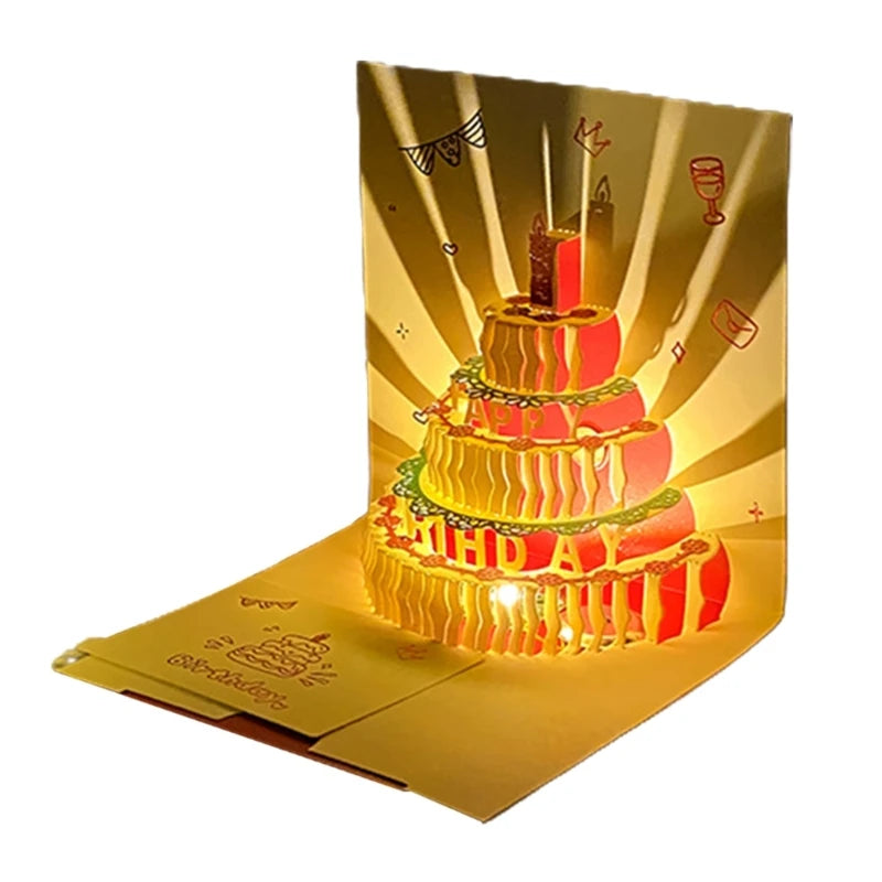 3D Musical Birthday Cake Card LED Light Pop-Up Greeting Cards with Envelope for All Occasion Girl Kid Wife Postcards Drop Ship