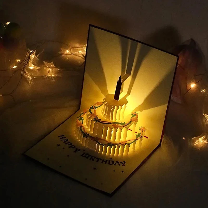 3D Light Music Birthday Card Pop Up Cake Creative Greeting Card Happy Birthday Party Gift For Family Friends