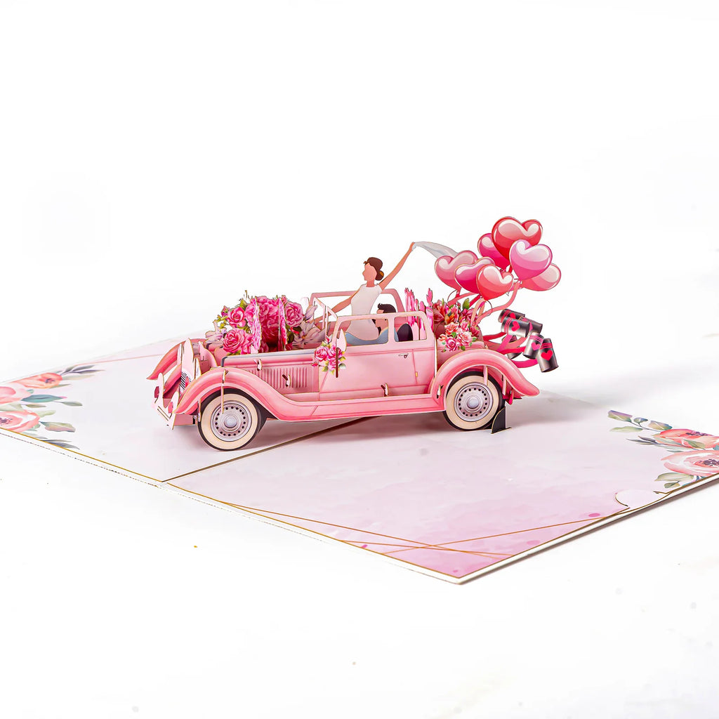 Valentine Wedding Car Balloon Flower Couple Pop up Card