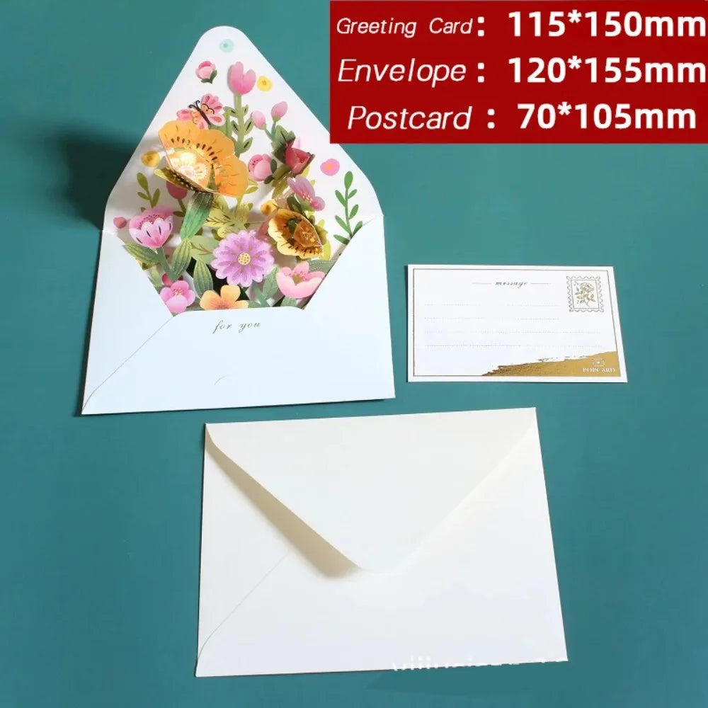 Romantic Flower Birthday Christmas Card with Envelope Paper Flowers Postcard Valentines Gifts 3D Pop-up Greeting Cards