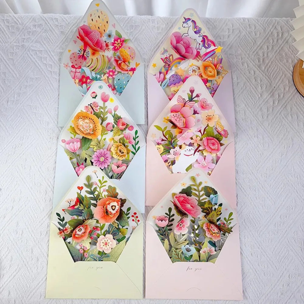 Romantic Flower Birthday Christmas Card with Envelope Paper Flowers Postcard Valentines Gifts 3D Pop-up Greeting Cards