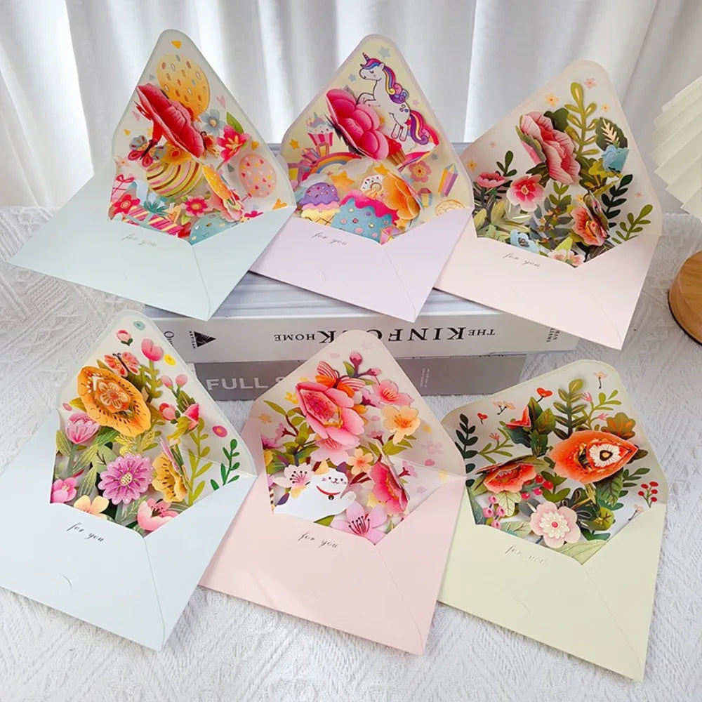 Romantic Flower Birthday Christmas Card with Envelope Paper Flowers Postcard Valentines Gifts 3D Pop-up Greeting Cards