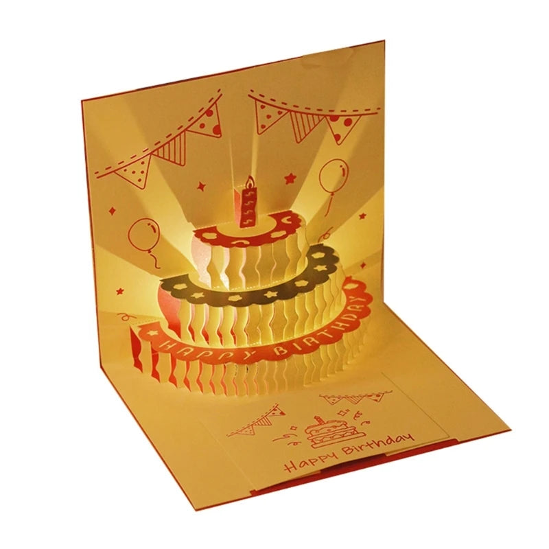 3D Musical Birthday Cake Card LED Light Pop-Up Greeting Cards with Envelope for All Occasion Girl Kid Wife Postcards Drop Ship