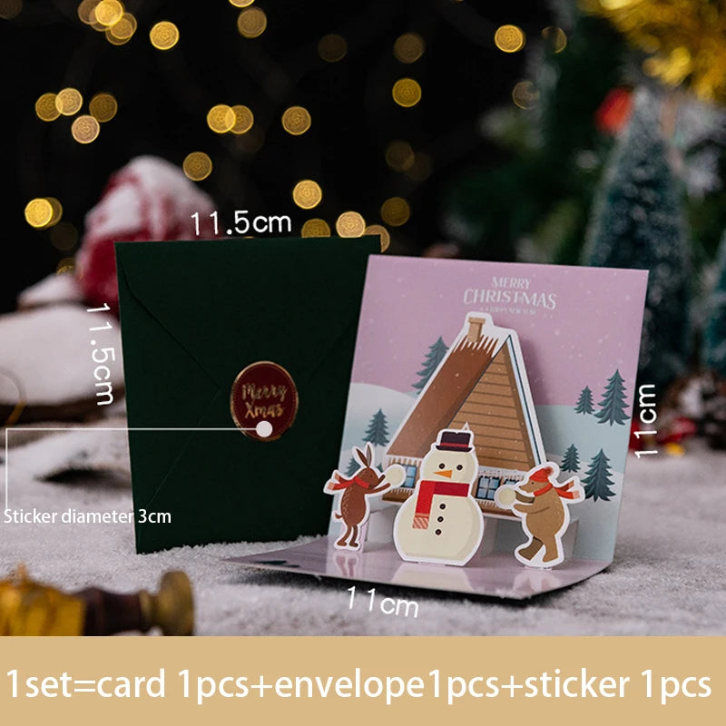 Folding Christmas Greeting Card With Envelope Santa Claus Snowman Xmas 3D Pop UP Invitation Card Postcard Navidad New Year Decor